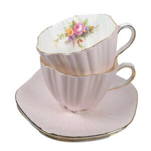 Pair Of EB Foley Fine Bone China Teacup & Saucer Pink Scalloped - England